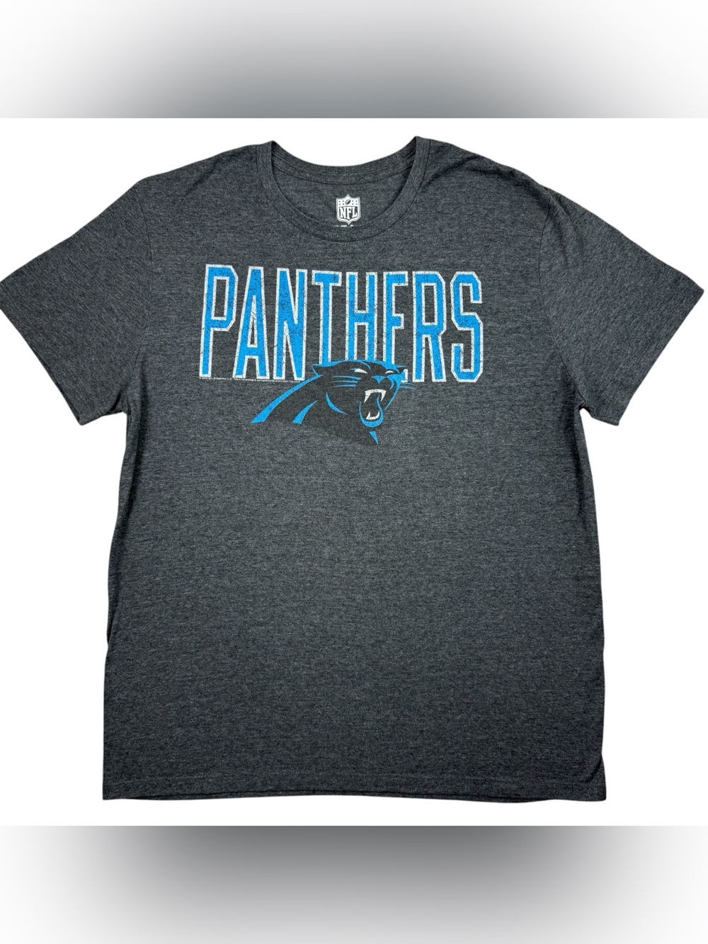 Carolina Panthers Men’s Great Cond. Charcoal Gray Spell Out Logo NFL t-shirt XL